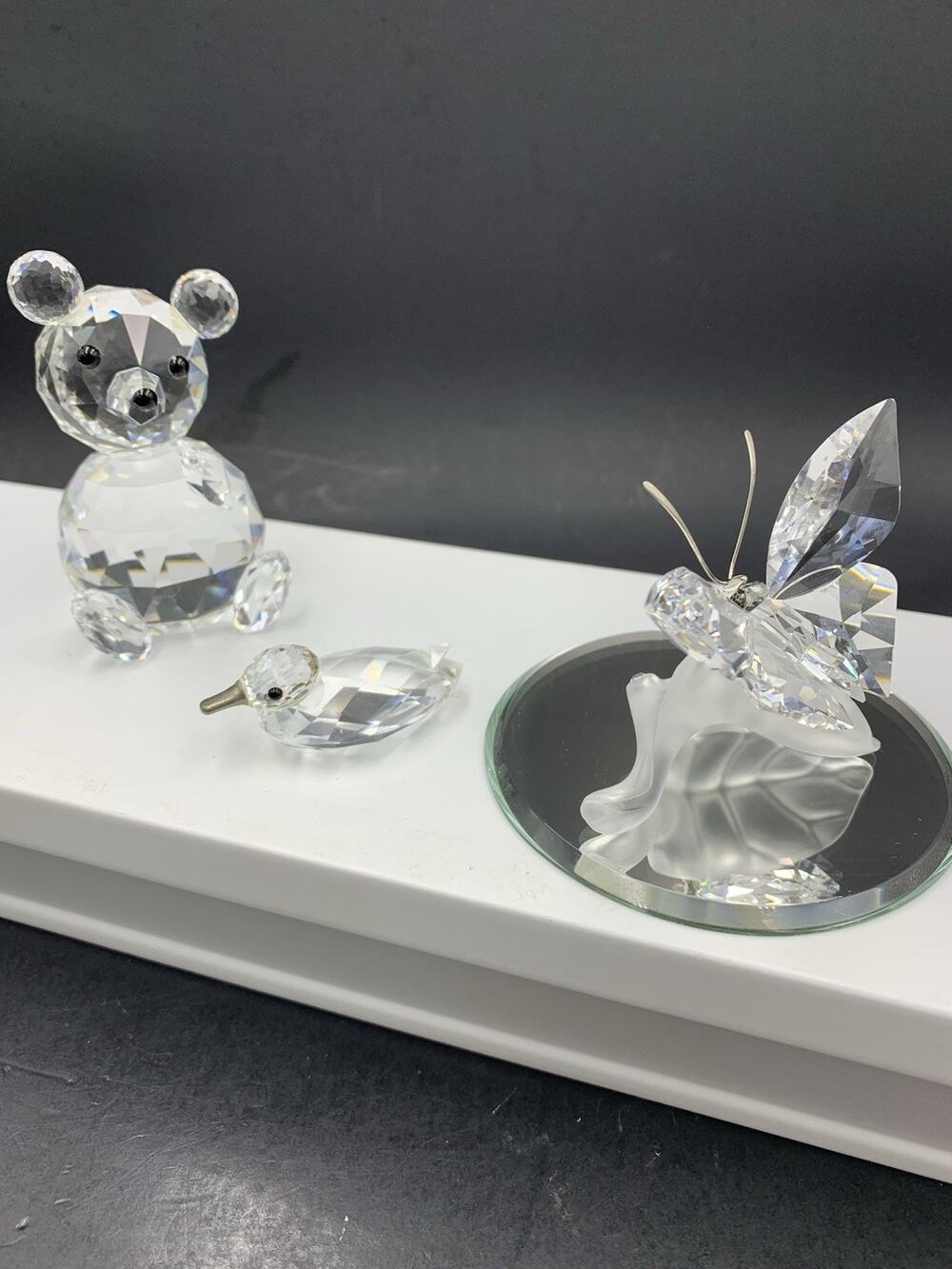 LOT 3 Swarovski Crystal Figurines Bear, Butterfly on Frosted Leaf Mini Duck READ
